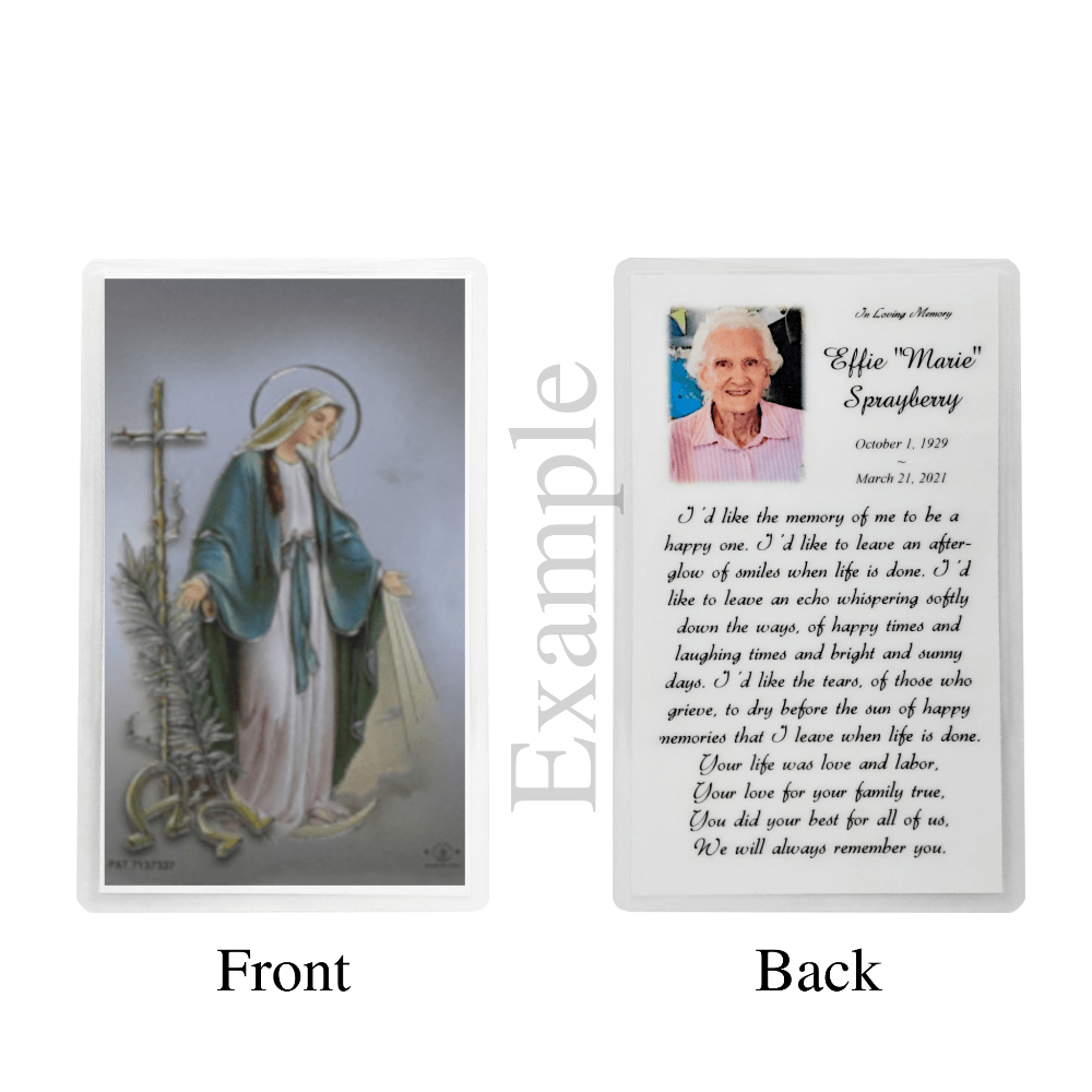 Personalized Custom Laminated Holy Family Silver Foil Memorial Prayer Cards Set of 8