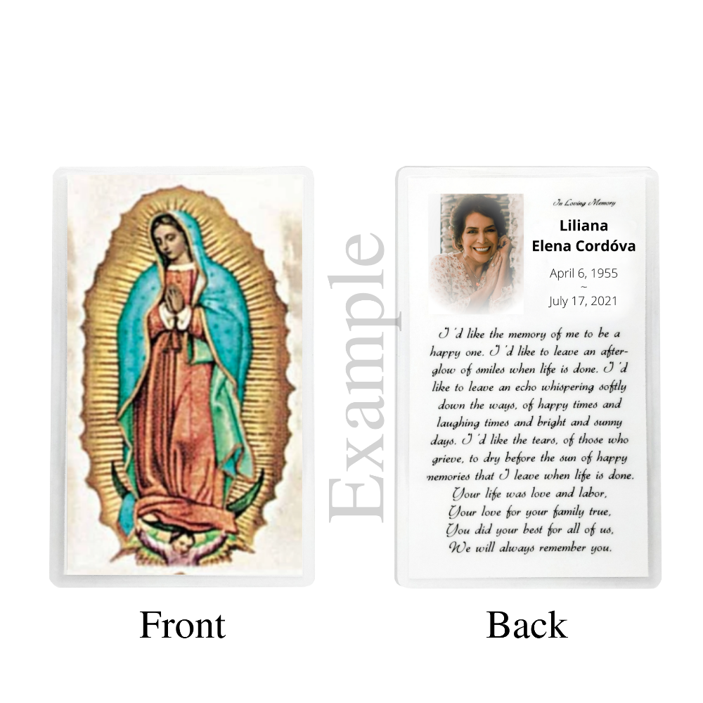 Personalized Custom Laminated Funeral Celebration of Life Spanish Our Lady of Guadalupe In Memory Prayer Cards  En Español