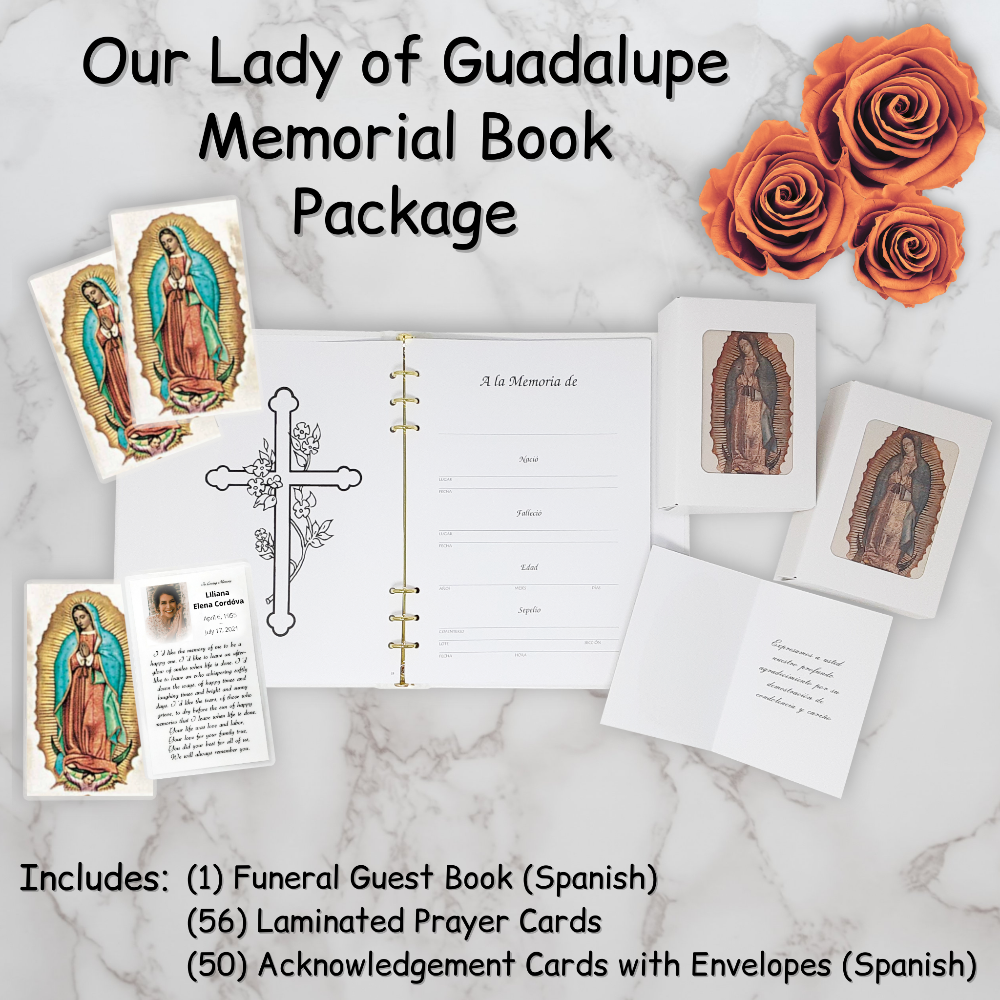 Personalized Custom Laminated Funeral Celebration of Life Spanish Our Lady of Guadalupe Guest Book Package En Español  Prayer Cards Acknowledgements Thank You Notes