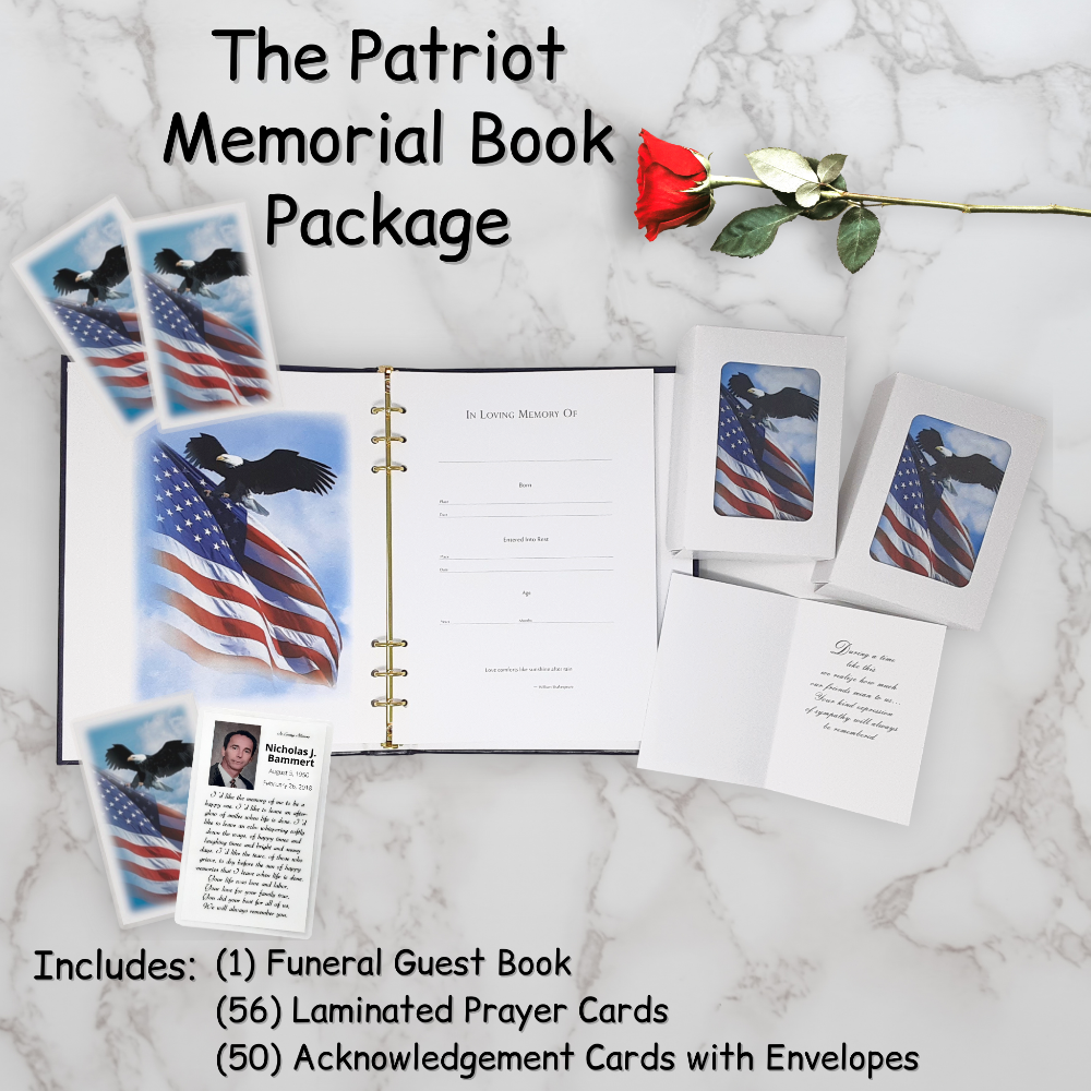 Personalized Custom Laminated Funeral Celebration of Life Patriot Veteran American Flag Eagle In Memory Guest Book Package Prayer Cards Acknowledgements Thank You Notes