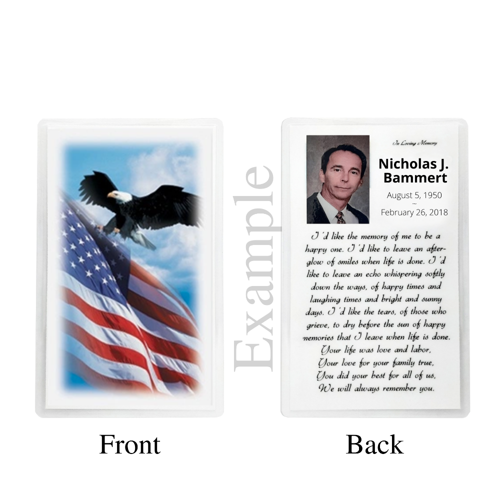 Personalized Custom Laminated Funeral Celebration of Life Patriot Veteran American Flag Eagle In Memory Prayer Cards Example